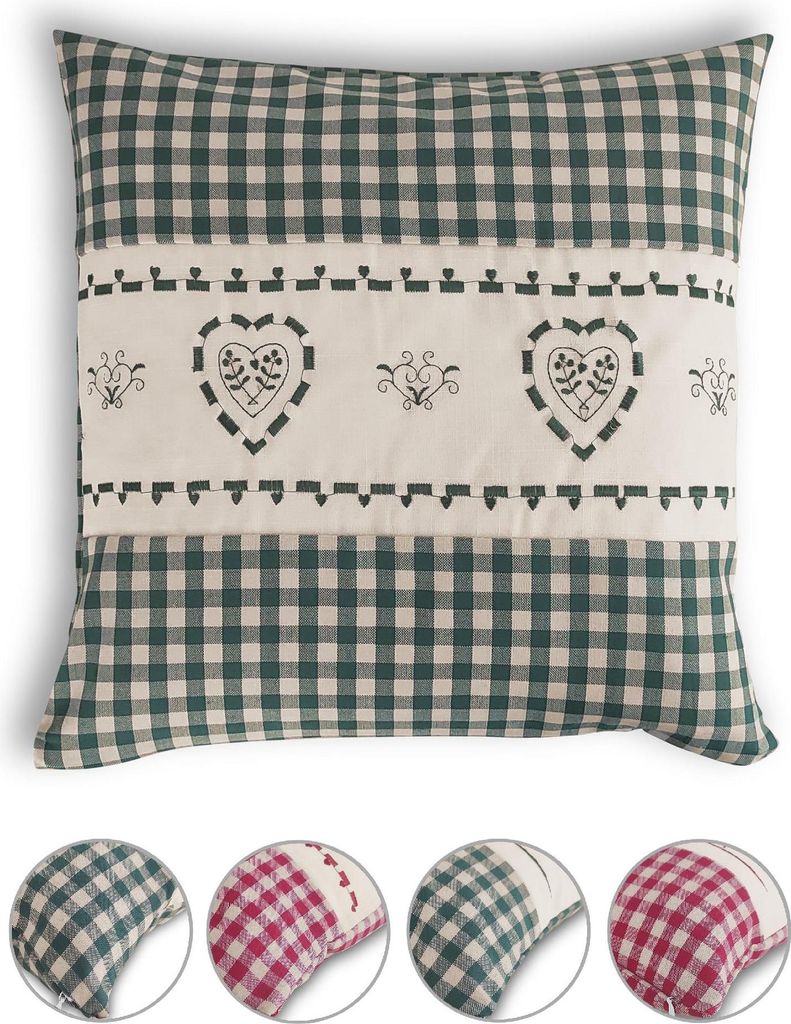 A collage of a pillowcase with a gingham pattern and heart embroidery, along with close-up views of different color variations.