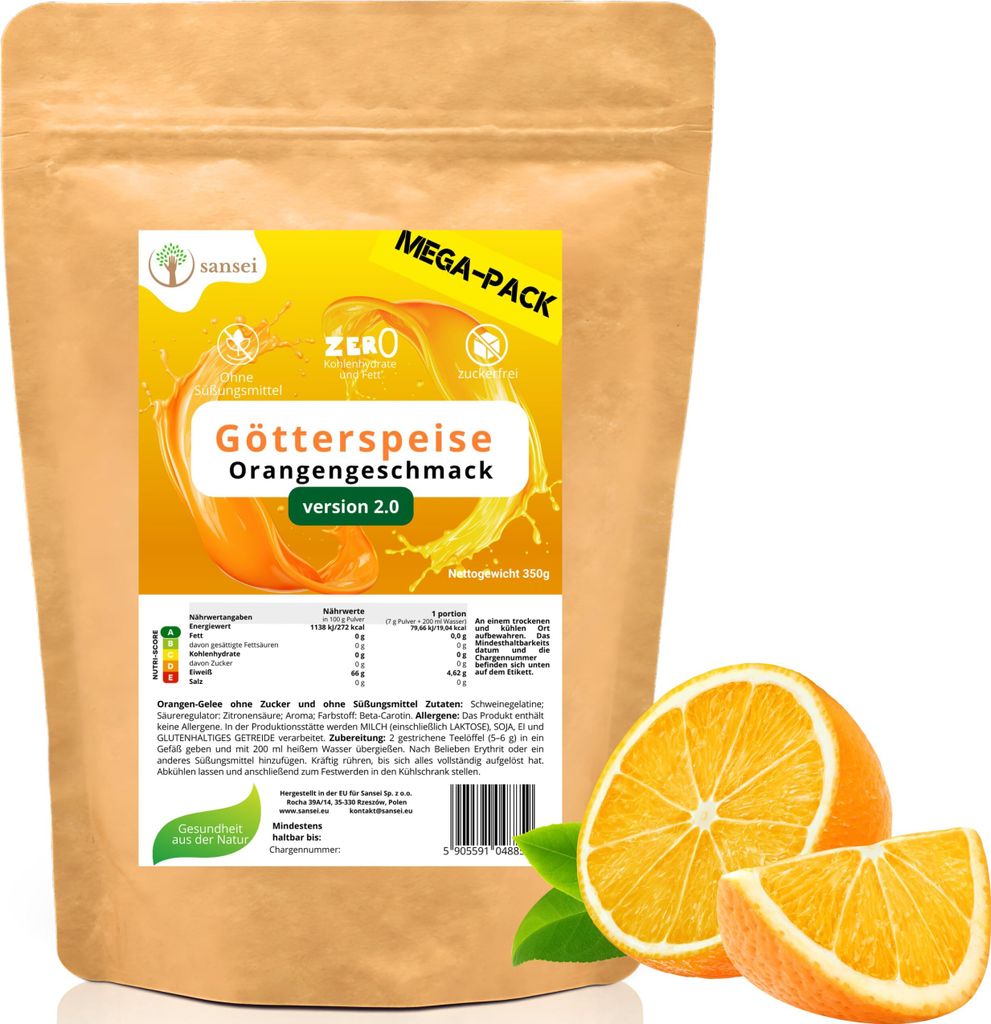 Zuckerfreie Götterspeise Ohne Zucker & Süßungsmittel Low Carb Dessert 350g (50portionen) Kalorienarm (Orange)