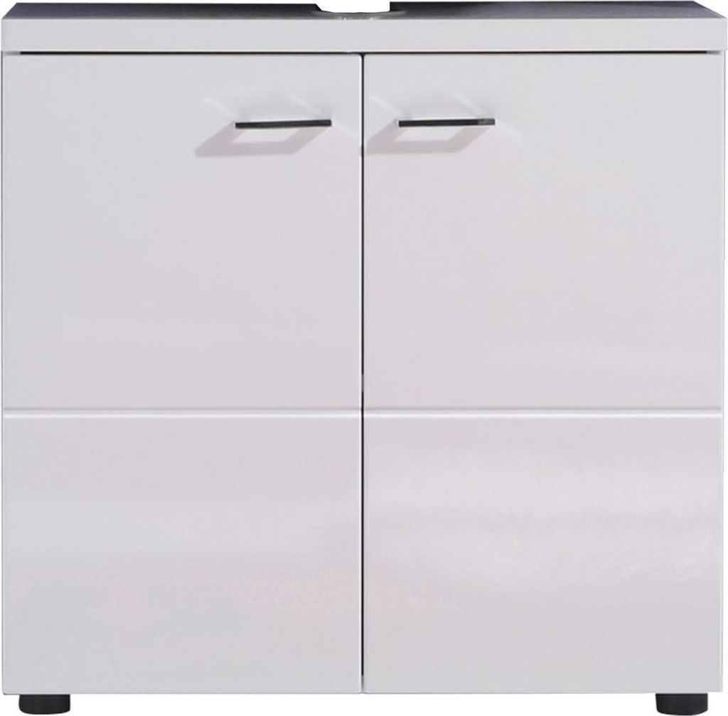 A white bathroom vanity cabinet with two doors and two drawers.