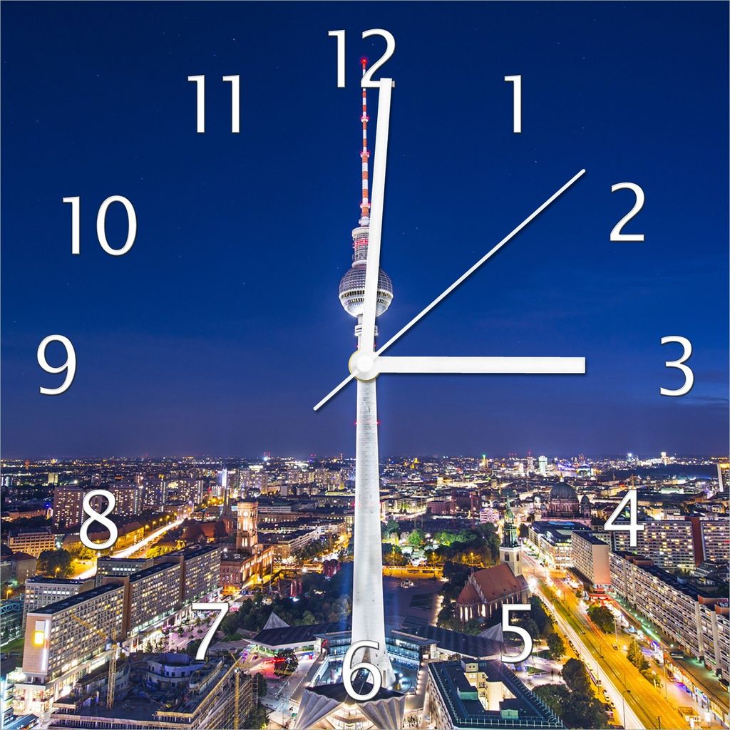 Wallario Design Wanduhr Fernsehturm Berlin bei Nacht aus Echtglas, Größe 30 x 30 cm