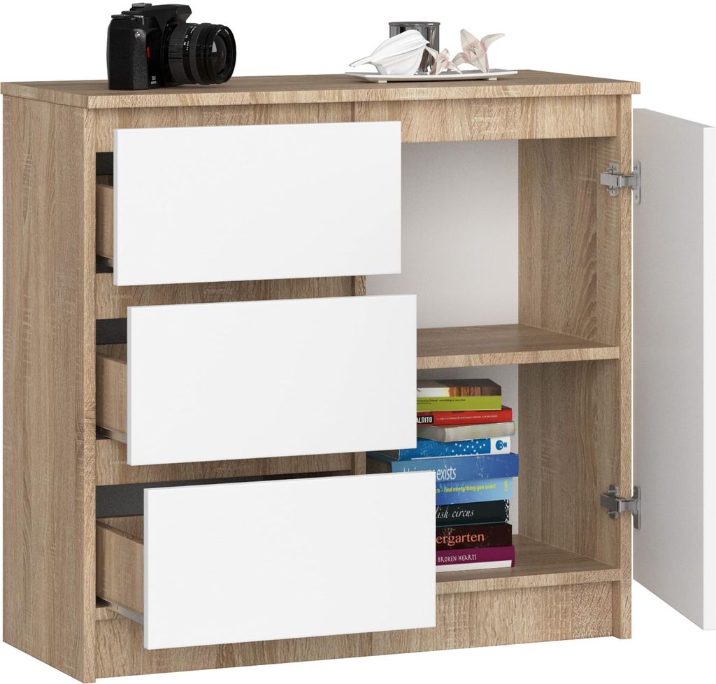 BDW, Kommode, 3 Schubladen, 1 Tür, Schrank, Sideboard, Eiche Sonoma / Weiss