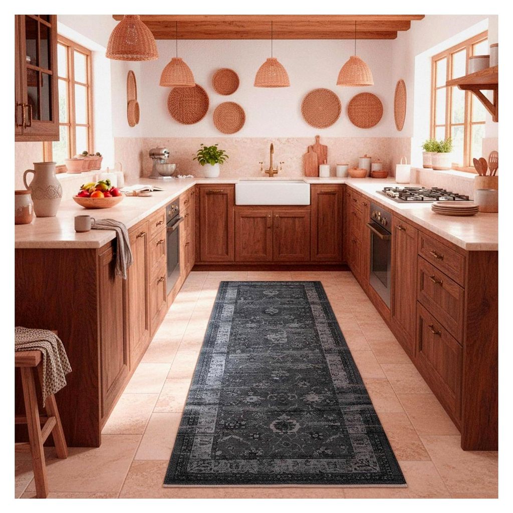 Moderner Vintage Boho Teppichläufer - Holzkohle 80 x 150 cm - Maschinenwaschbar und rutschfest Kurzflor Teppich - bringt Wärme in Wohn- und Schla...