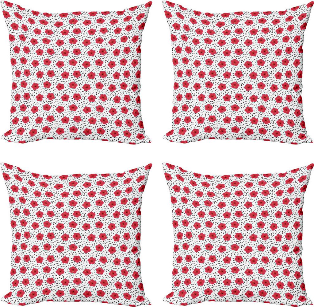 ABAKUHAUS Hibiskus Kissenbezug Set (4 Stück), Tropical Endemic Botanik, Moderner Doppelseitiger Digitaldruck, 50 cm x 50 cm, Dunkler Coral Weiß
