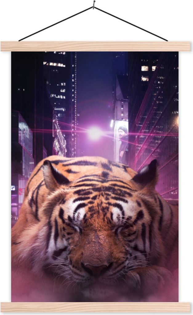MuchoWow Textilposter Tiger - Stadt - Lila 60x90 cm mit holzfarbenen Rahmen - Textil
