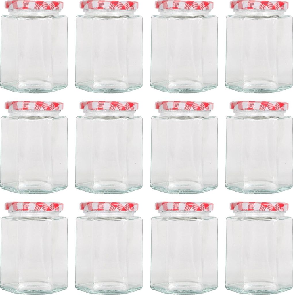 Sechseckige Marmeladengläser aus Glas mit roten Gingham-Deckeln – 250 ml – 12 Stück