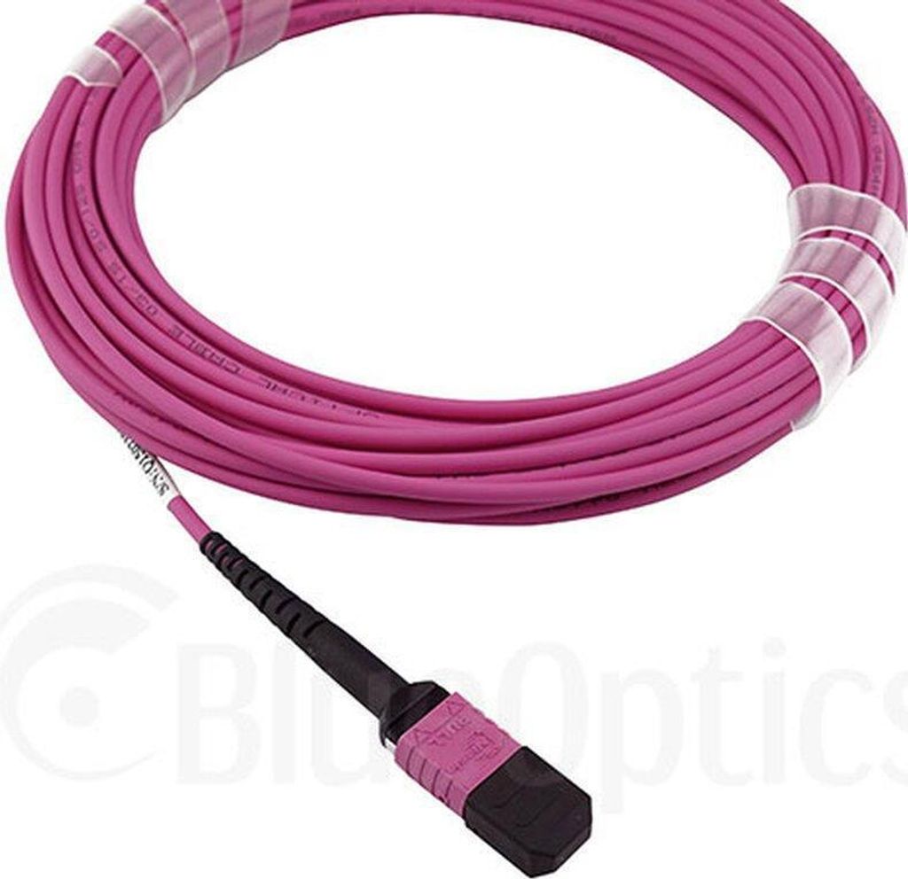 A coiled pink fiber optic cable with a black connector.