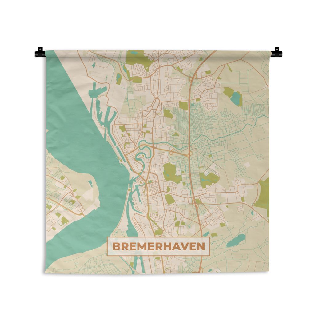 MuchoWow Wandteppich Wandbehang Karte - Bremerhaven - Karte - Stadtplan - Vintage 120x120 cm Tapisserie Dekoration Wandtuch - Modern - Baumwollge...