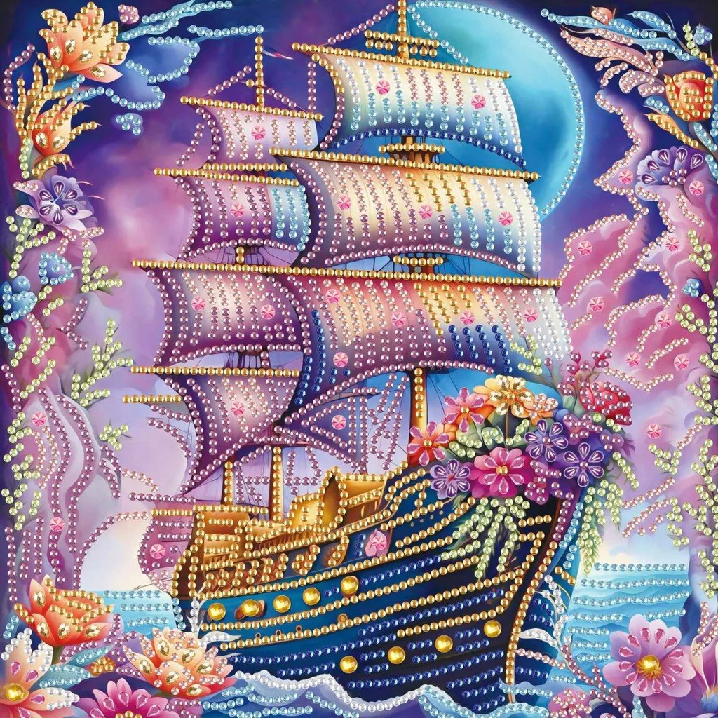 Tableau Broderie Diamant Navire Imaginaire 30x30 cm pour Décoration
