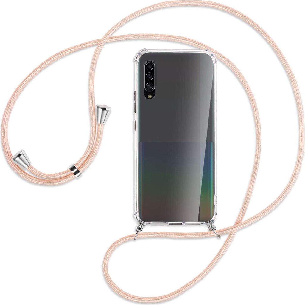 Handykette Backcover-Schutzhülle mit Band (Metall silberfarben) für Samsung Galaxy A90 5G - rose peach