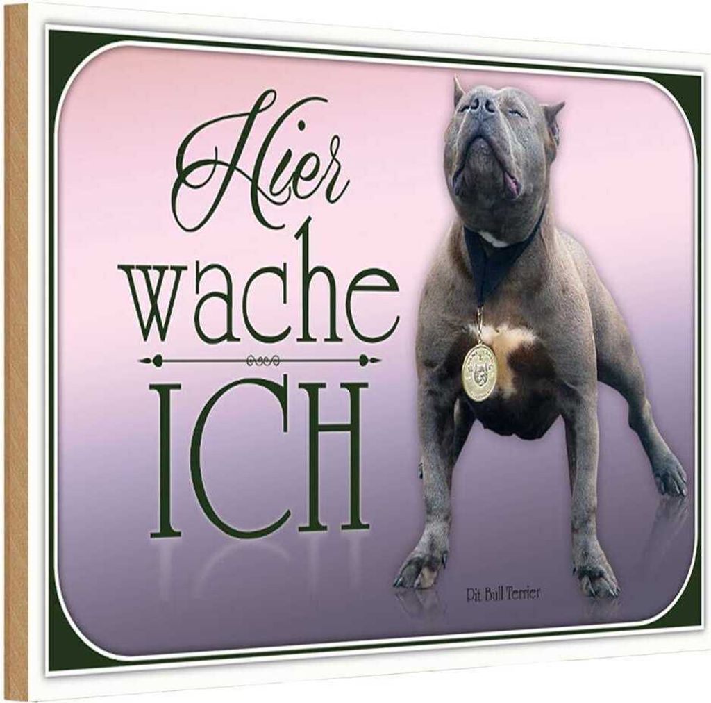 vianmo Holzschild 12x18 cm Hund Pit Bull Terrier hier wache ich Tier Haustier
