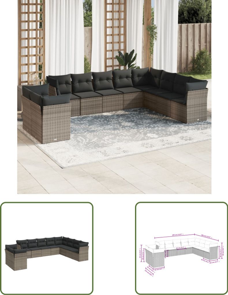 The Living Store 10-tlg. Garten-Sofagarnitur mit Kissen Grau Poly Rattan