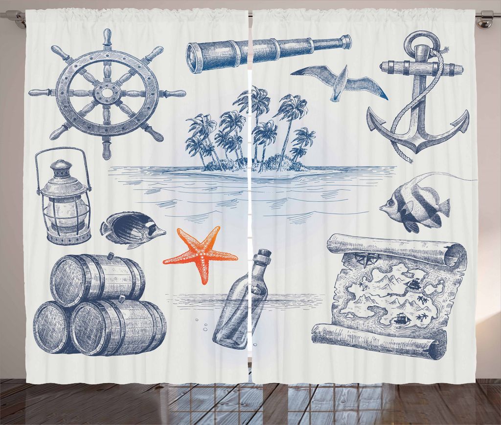ABAKUHAUS Reise Rustikaler Gardine, Abenteuer Tropical Island, Schlafzimmer Kräuselband Vorhang mit Schlaufen und Haken, 280 x 245 cm, Dark Blue O...