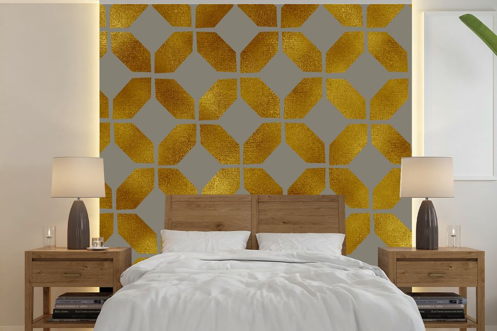 MuchoWow Fototapete für Wohnzimmer oder Schlafzimmer Wandtapete Vinyl Motivtapete Muster - Gold - Luxus - 240x240 cm - Schlafzimmer-Tapete