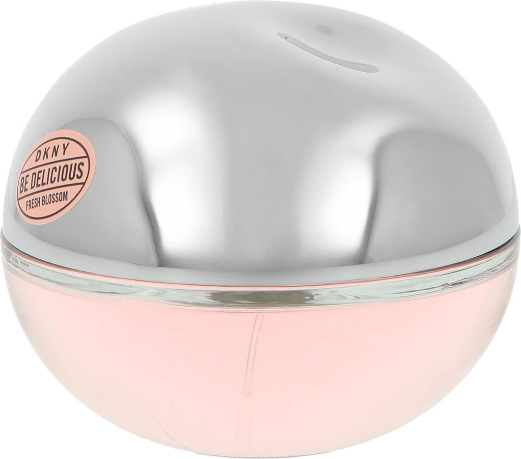 A close-up studio shot of a DKNY Be Delicious Fresh Blossom perfume bottle.