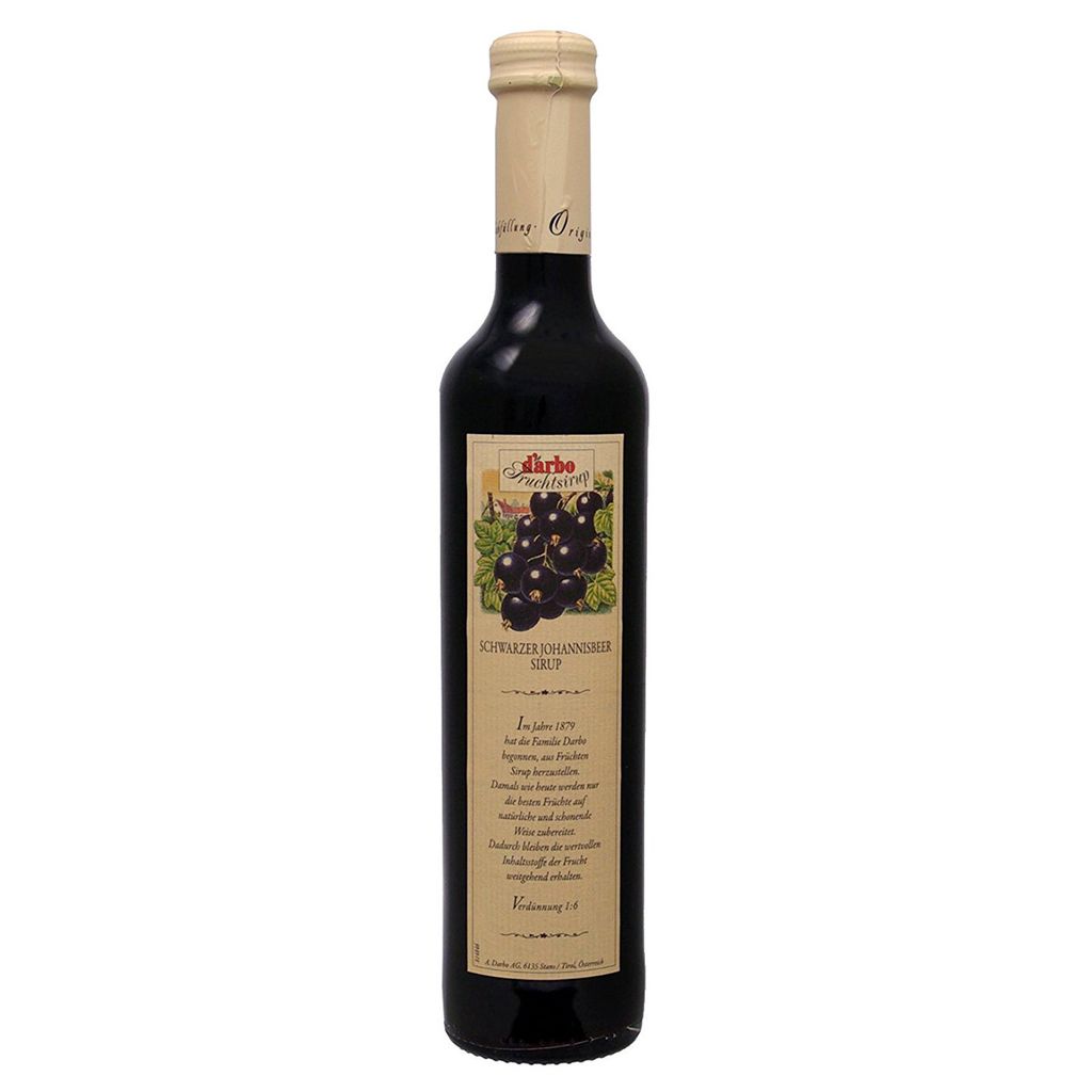 A bottle of blackcurrant syrup on a white background.