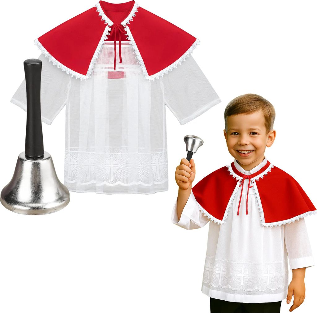 Fronleichnams-Set: ein 98 cm langer Vorhang-Surplice + ein Umhang mit weißem Zierbesatz + eine silberne Glocke mit braunem Griff