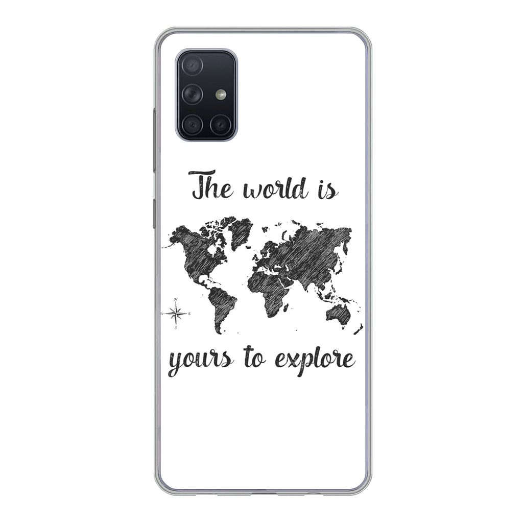 MuchoWow Handyhülle Schutzhülle Hülle für Samsung Galaxy A71 Weltkarte - Schwarz - Sprichwörter Silikon Softcase Handy Hülle - Kartenbesitzer