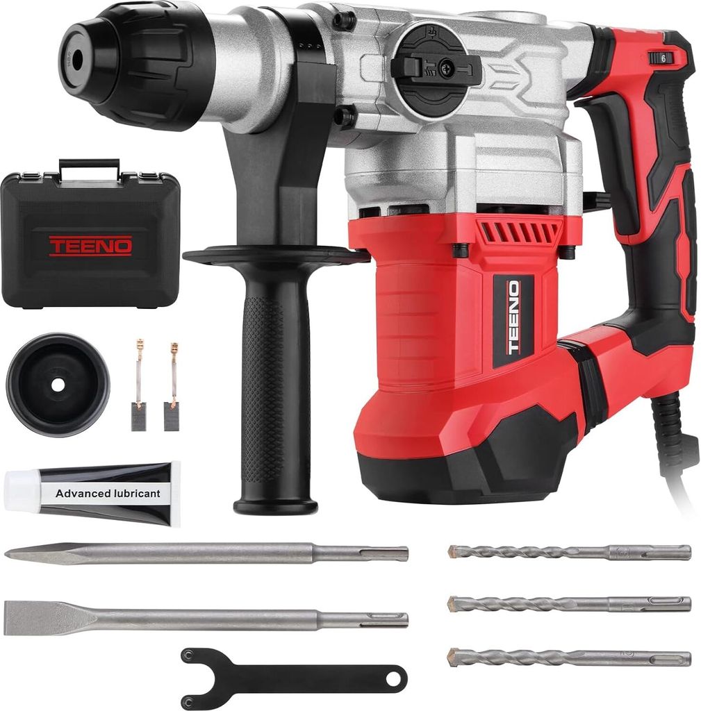 TEENO SDS-Plus 1500W Bohrhammer mit 6-Gang-Geschwindigkeiten, 4 Funktionen und Sicherheitskupplung – Professionelles Werkzeug für Beton, Metall ...
