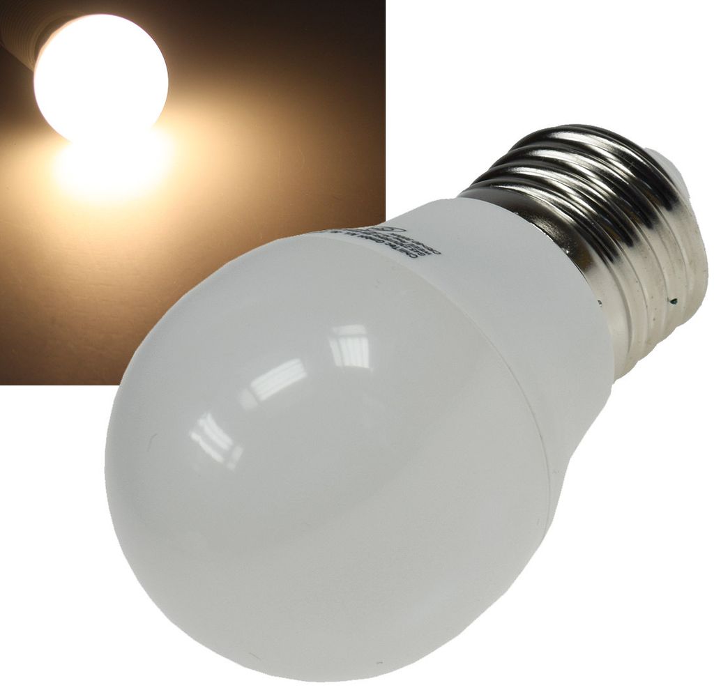 A close-up studio shot of a white LED light bulb with a silver screw base, set against a white and light gray background. A smaller inset image shows a lit light bulb emitting warm white light.