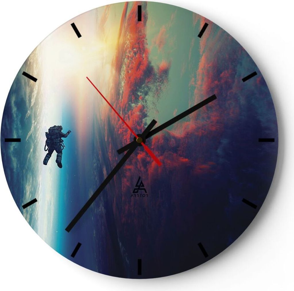 Wanduhr - Rund - Glasuhr - Kosmos Astronaut Planet - 30x30cm - Schleichendes Uhrwerk - Lautlos - zum Aufhängen bereit - Dekoration Modern - Wandde...