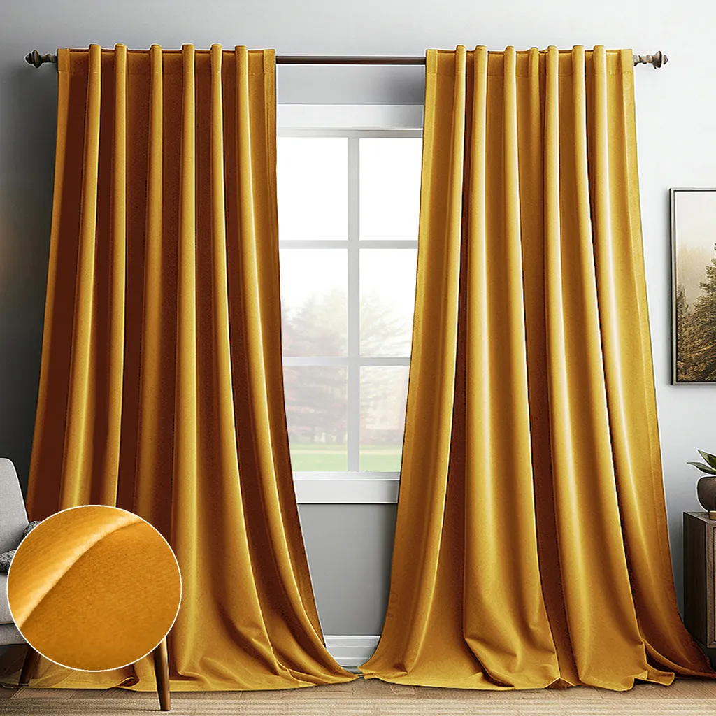 Set 2 Tende Oscuranti Velluto Giallo 132x244cm Termiche per Soggiorno