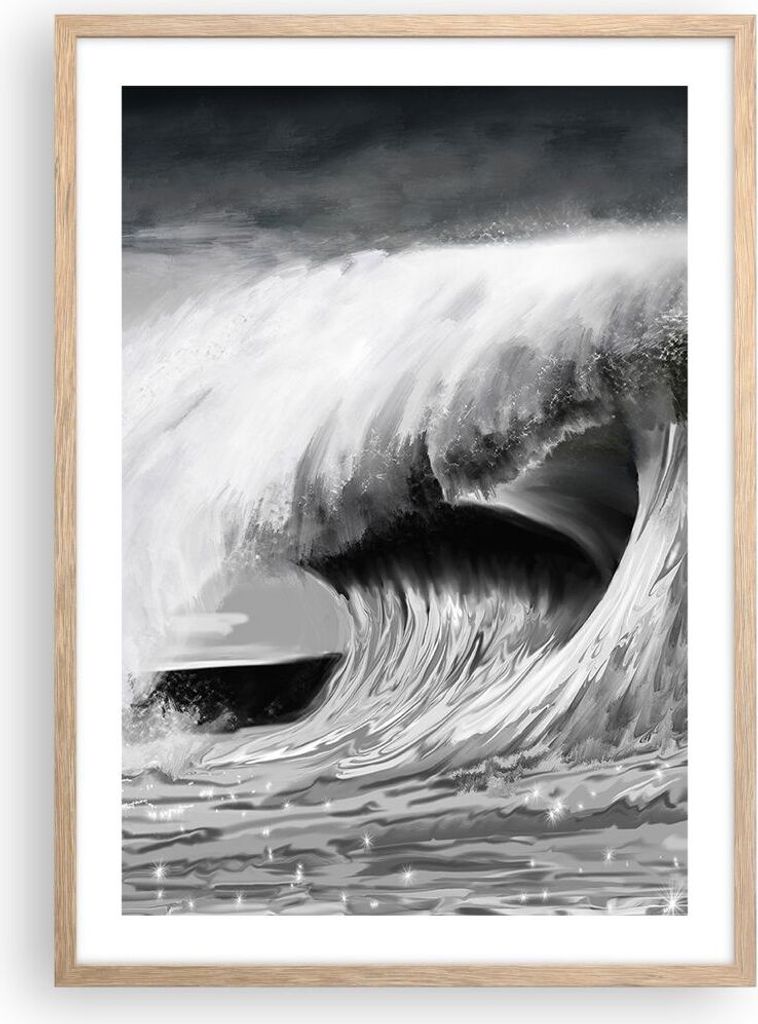 Gerahmtes Poster - Rahmen in heller Eiche - Welle Zeichnung Schwarzweiß - 50x70 cm - Wand Bild - Wanddeko - Wandbilder - Wandposter - Bilderrahmen...