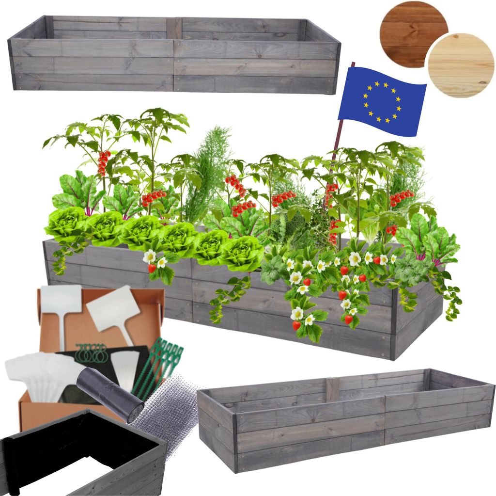 MODO24 Hochbeet Holz, Pflanzkasten, Massivholz, Kiefer, Kräuterbeet, Blumenkasten, Garten, Terrasse, 27x163x60 cm, Grau, ZP06