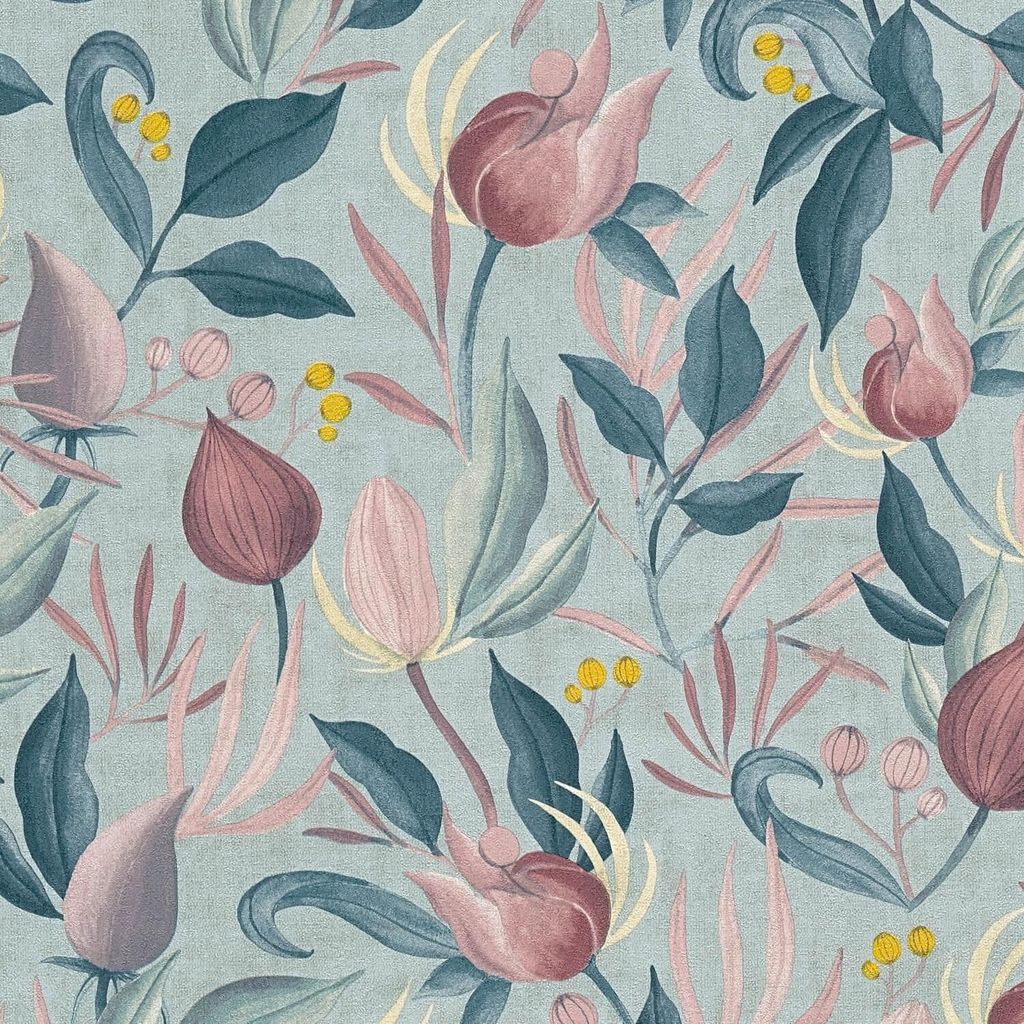 Profhome 790621-GU Blumen Tapete Floral blau lila creme-weiß gelb-oliv 5,33 m2