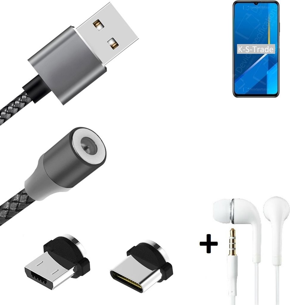 K-S-Trade Hochwertiges Magnet-Lade-kabel Sync-Kabel Daten-Kabel + Kopfhörer kompatibel mit Huawei Honor X10 Max mit USB-Typ-C-Anschluss und