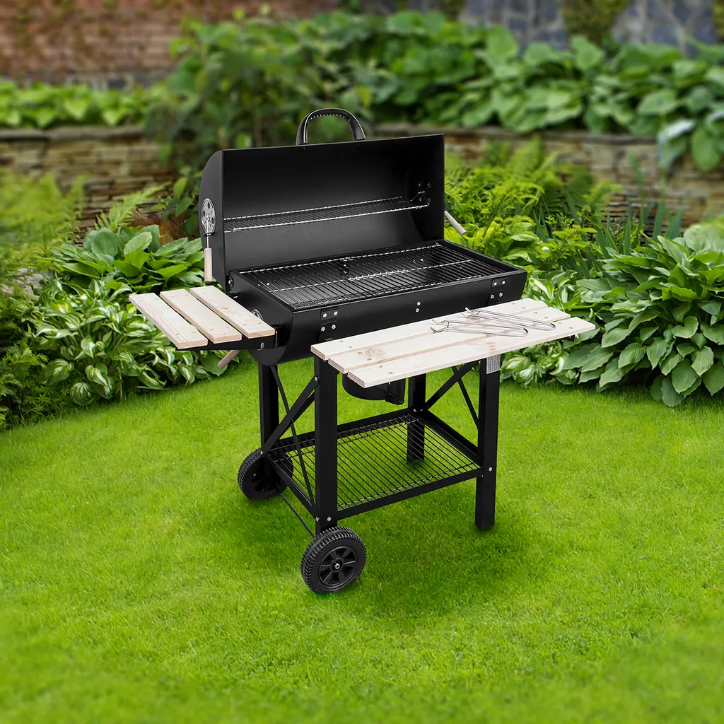 Barbecue à charbon roulant anti-fumée avec capot et rangement pratique