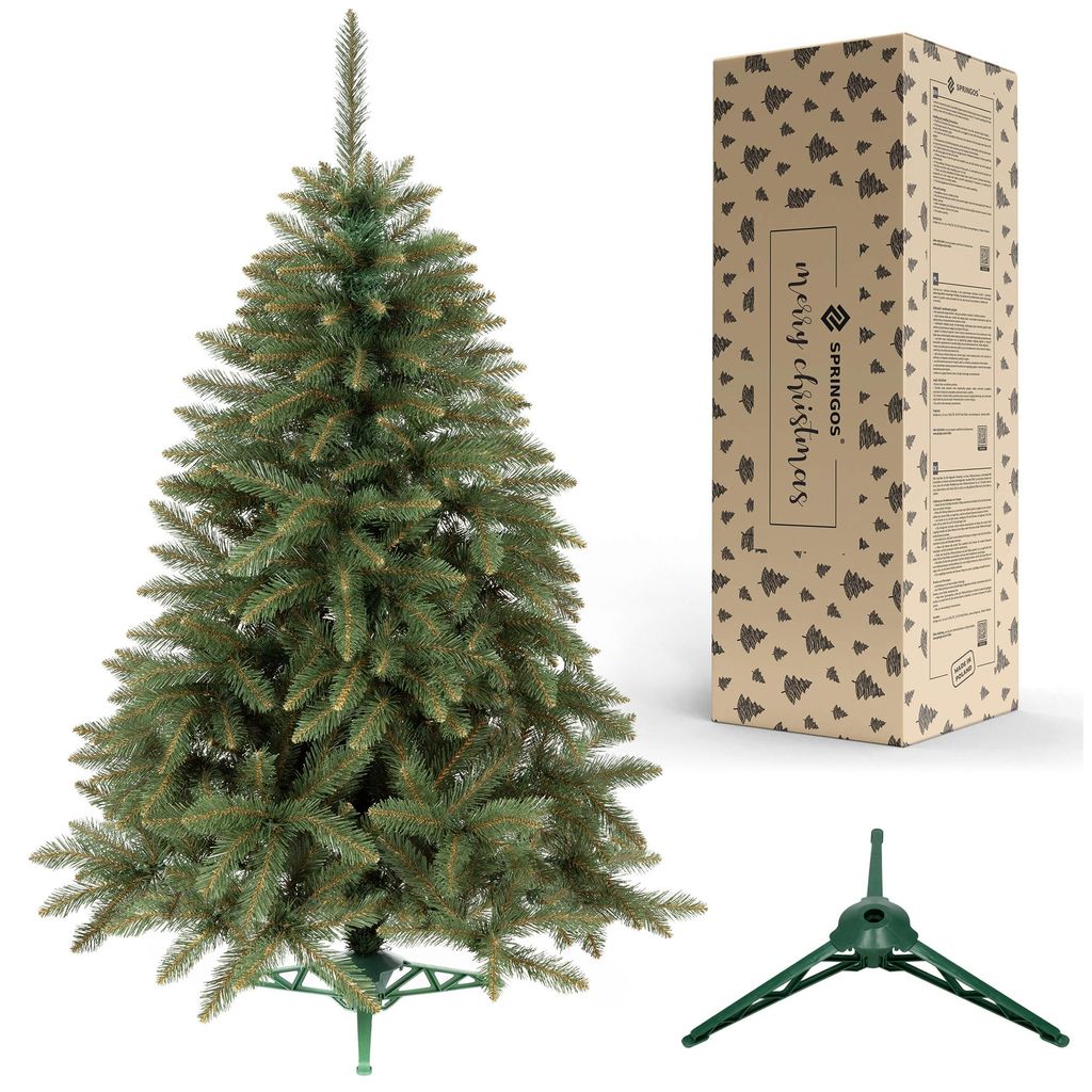 A Christmas tree, its stand, and its packaging are displayed against a white background.