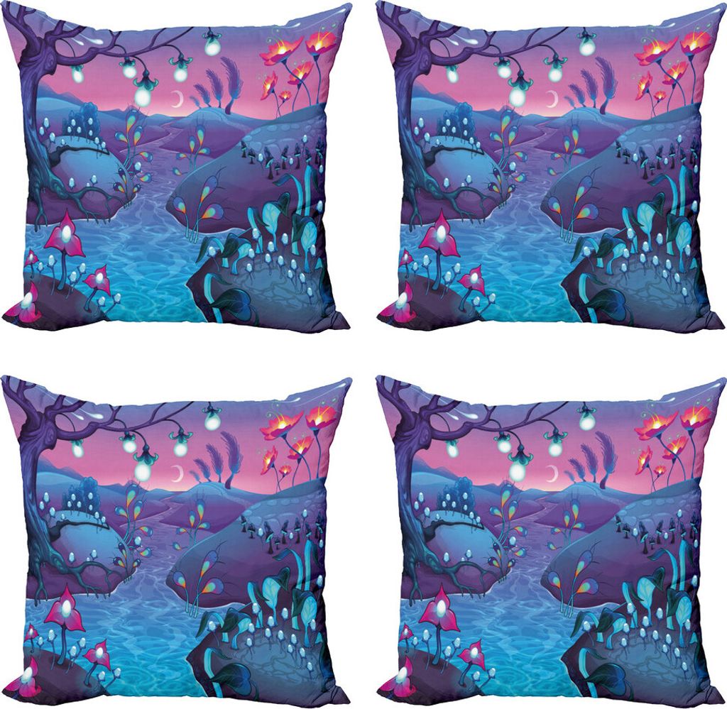 ABAKUHAUS Pilz Kissenbezug Set (4 Stück), Fluss Pilze Bäume, Moderner Doppelseitiger Digitaldruck, 50 cm x 50 cm, blau Fuchsia