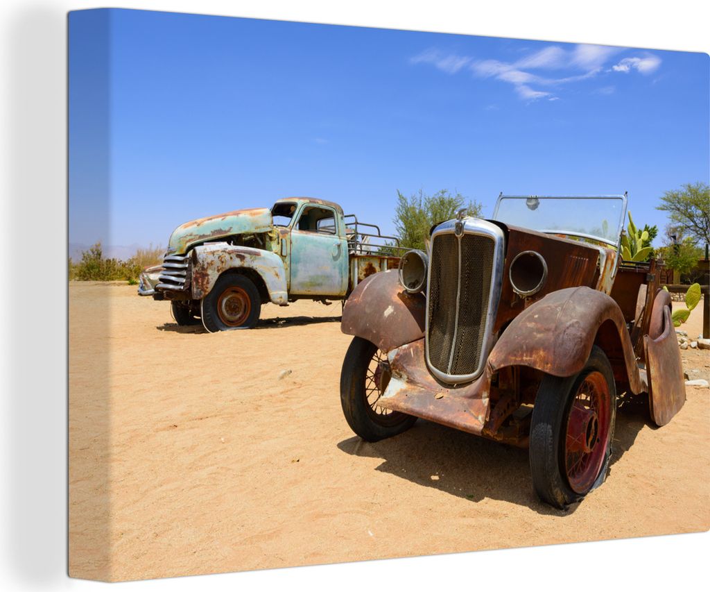OneMillionCanvasses - Leinwandbilder - 140x90 cm, Zwei Oldtimer in der Wüste, Wandbilder Kunstdruck Wanddekoration