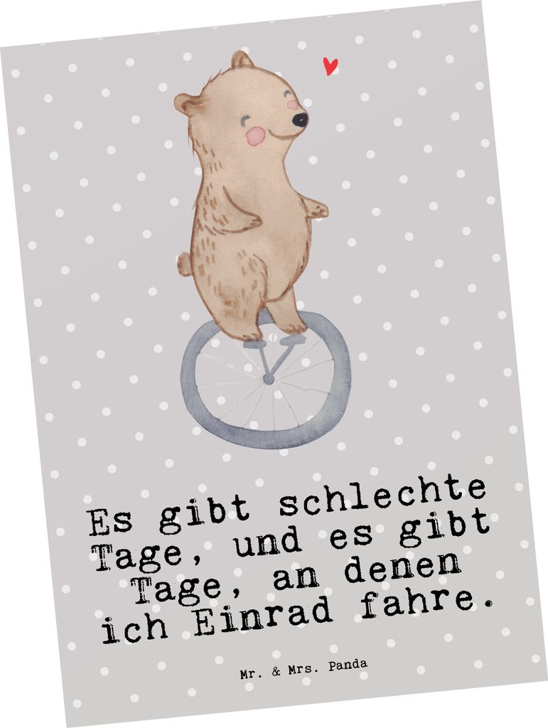 Mr. & Mrs. Panda Postkarte Bär Einrad fahren - Grau Pastell - Geschenk, Ansichtskarten, Ansichtskarte, Grußkarte, Postkarten, Fotokarte