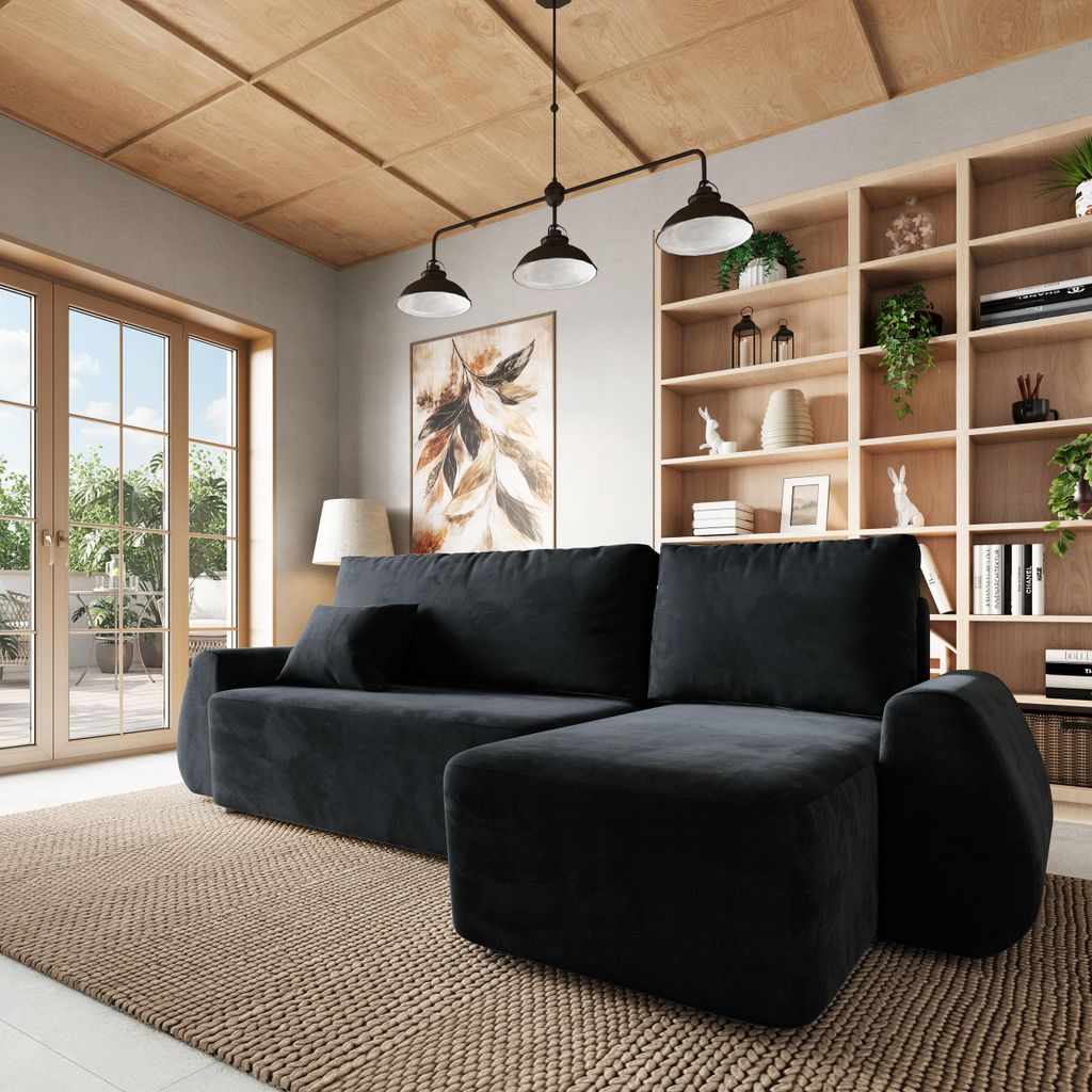 Masseno Ecksofa GALVIS mit Schlaffunktion L-Form, Sofa mit Bettkasten, Wohnzimmersofa, Couch, Soffa, Bettsofa, Couchgarnitur- Schwarz, MONOLITH 95