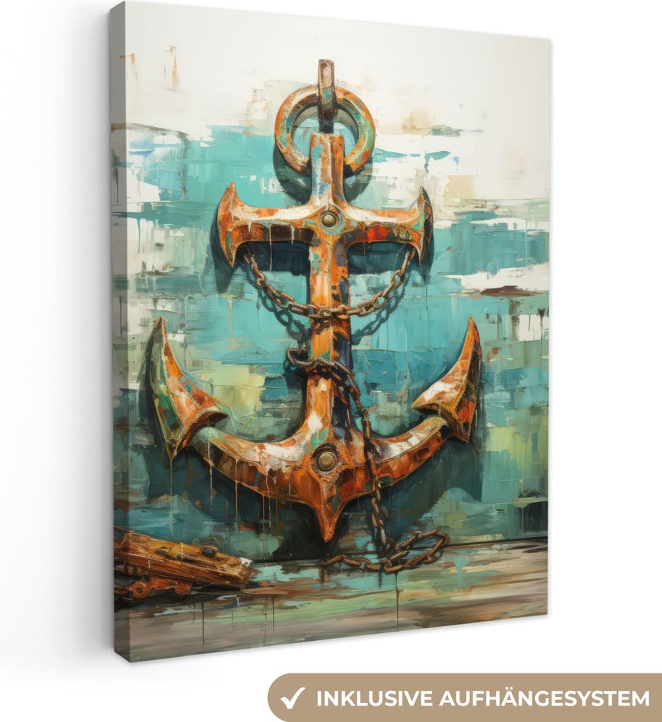 MuchoWow - Leinwandbilder - Anker - Blau - Weiß - Maritim, Wandbild, Wanddeko Bilder Wohnzimmer, 30x40 cm