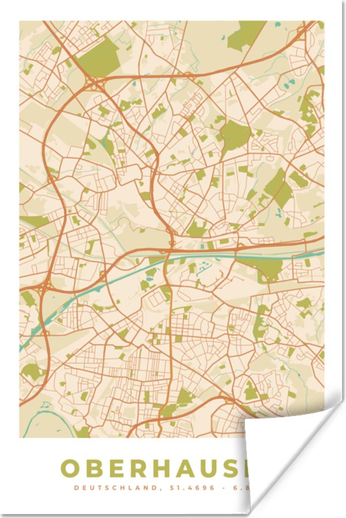 MuchoWow Poster Stadtplan - Oberhausen - Stadtplan - Vintage 60x90 cm - Wanddekoration
