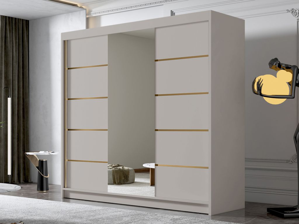 A modern bedroom with a large sliding door wardrobe.