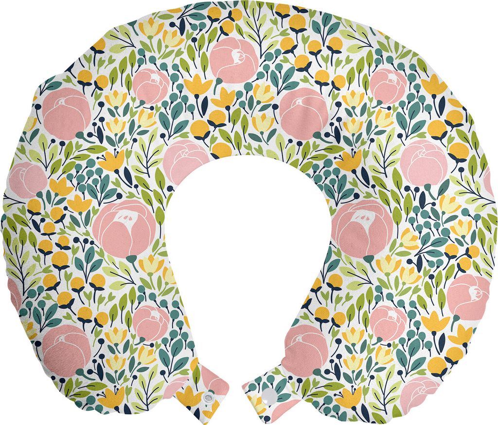 ABAKUHAUS Botanisch Reisekissen Nackenkissen, Pastellgartenkunstwerk, Schaumstoff Reiseartikel für Flugzeug und Auto, 30x30 cm, Blush Lime Green Senf