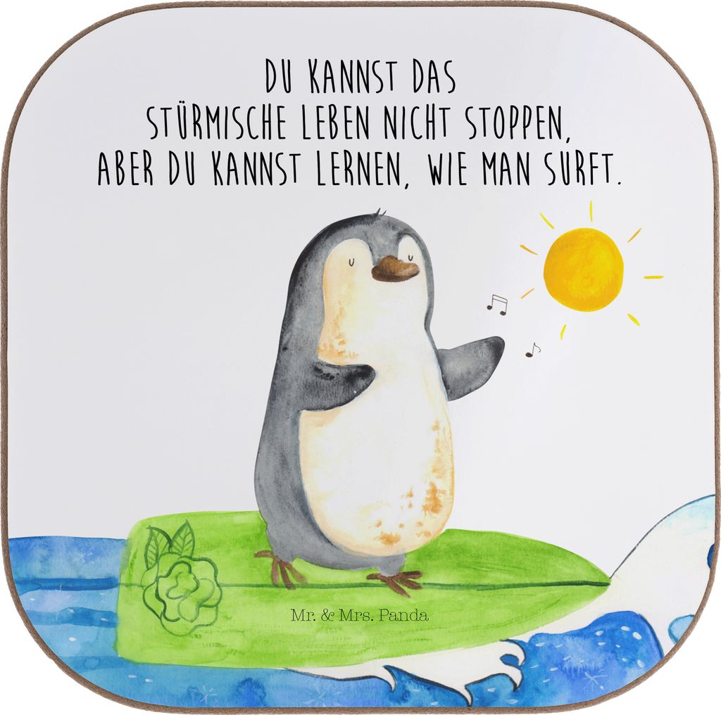 Mr. & Mrs. Panda Untersetzer für Gläser Pinguin Surfer - Weiß - Geschenk, Tasse, gläseruntersetzer, Optimistisch, Urlaub, Lebensweisheit, Tisch...