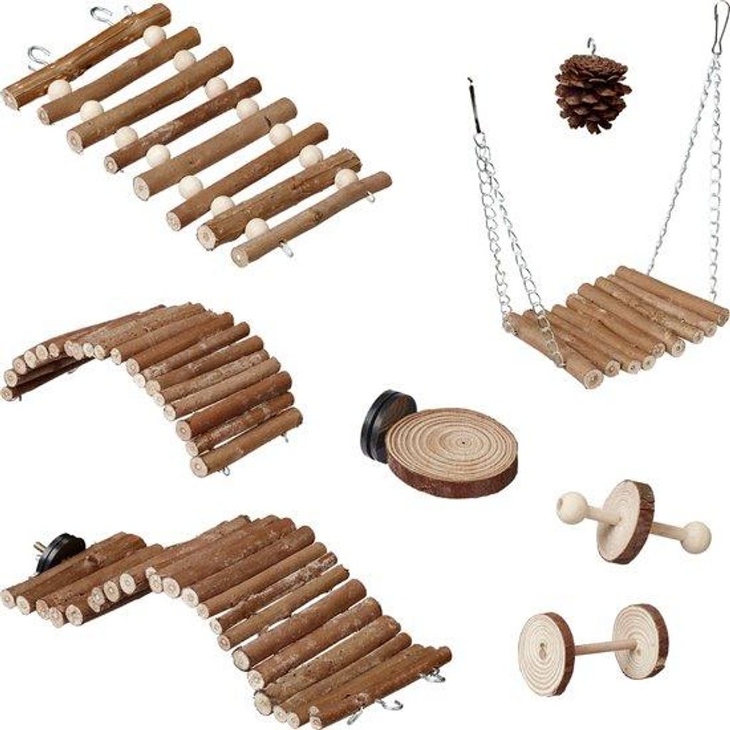 Vogellader und Schaukel für Parketten und Kanarien - 8-teilig - Holzset