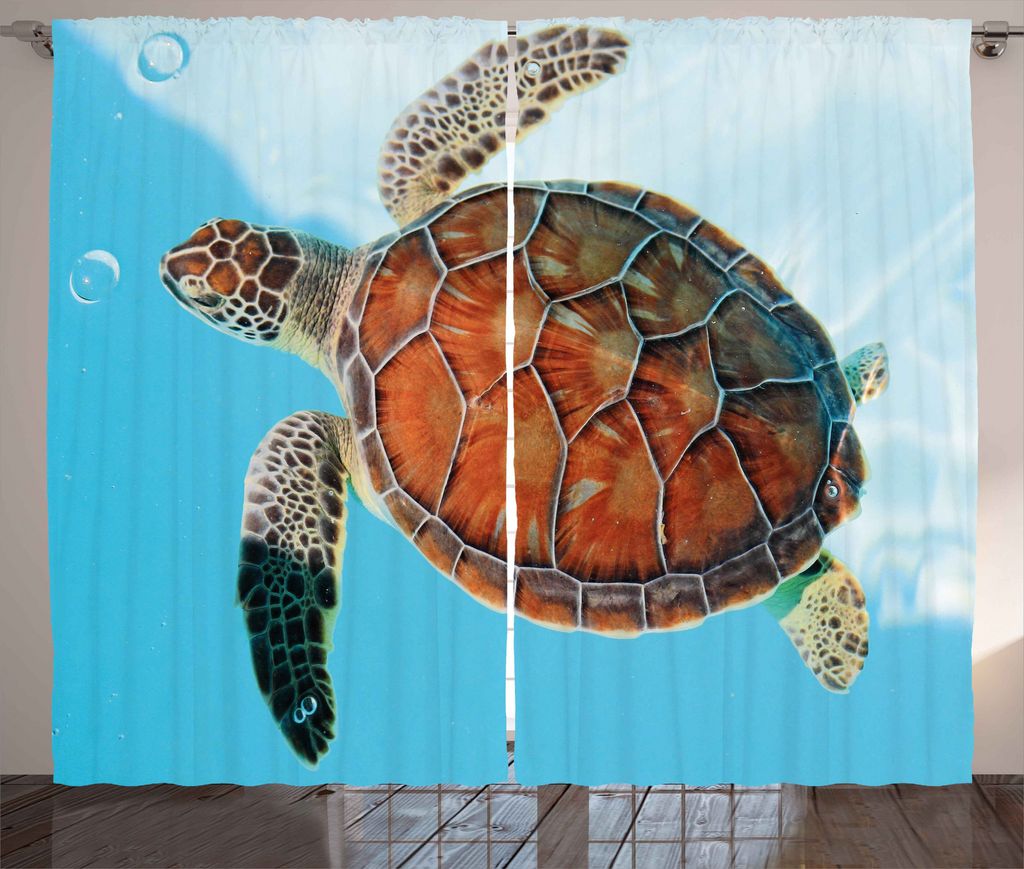 ABAKUHAUS Schildkröte Rustikaler Gardine, Meerestiere Karibik, Schlafzimmer Kräuselband Vorhang mit Schlaufen und Haken, 280 x 225 cm, Türkis Zi...