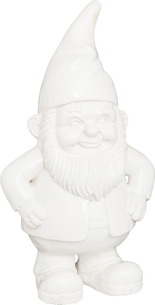 A white ceramic garden gnome figurine.