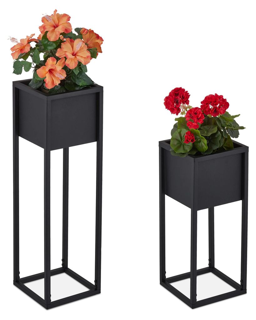 Blumenständer, 2er-Set, Metall, 2 Größen, mit Gestell, für Wohnzimmer und Flur, quadratischer Pflanzenständer, schwarz