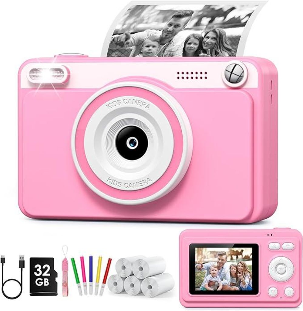 Sofortbildkamera Kinder mit 2,4 Zoll Bildschirm, 1080P Digitalkamera, Tintenloser Sofortdruck, 32GB Speicherkarte & 5 Druckpapierrollen Geschenk 3-12J