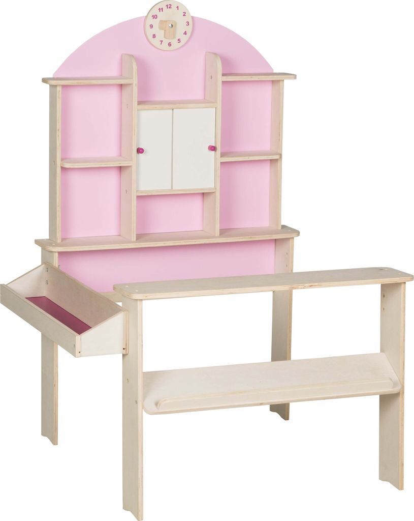 roba Kaufladen, Holz natur, mit Seitentheke, Uhr, rosa Produktbild 