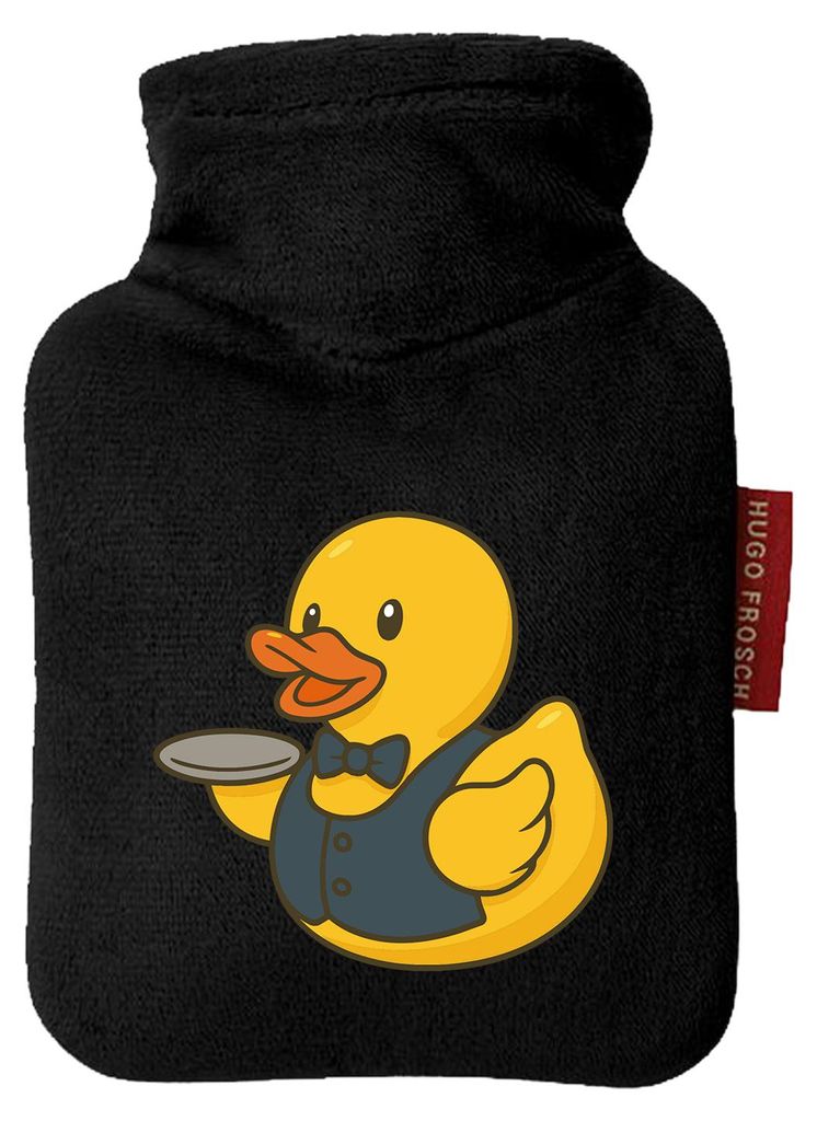 Huuraa Mini-Wärmflasche Quietscheente Gastronomie Comic Gummiente 0,2 Liter Black Mini Veloursbezug Taschenwärmer Geschenkidee