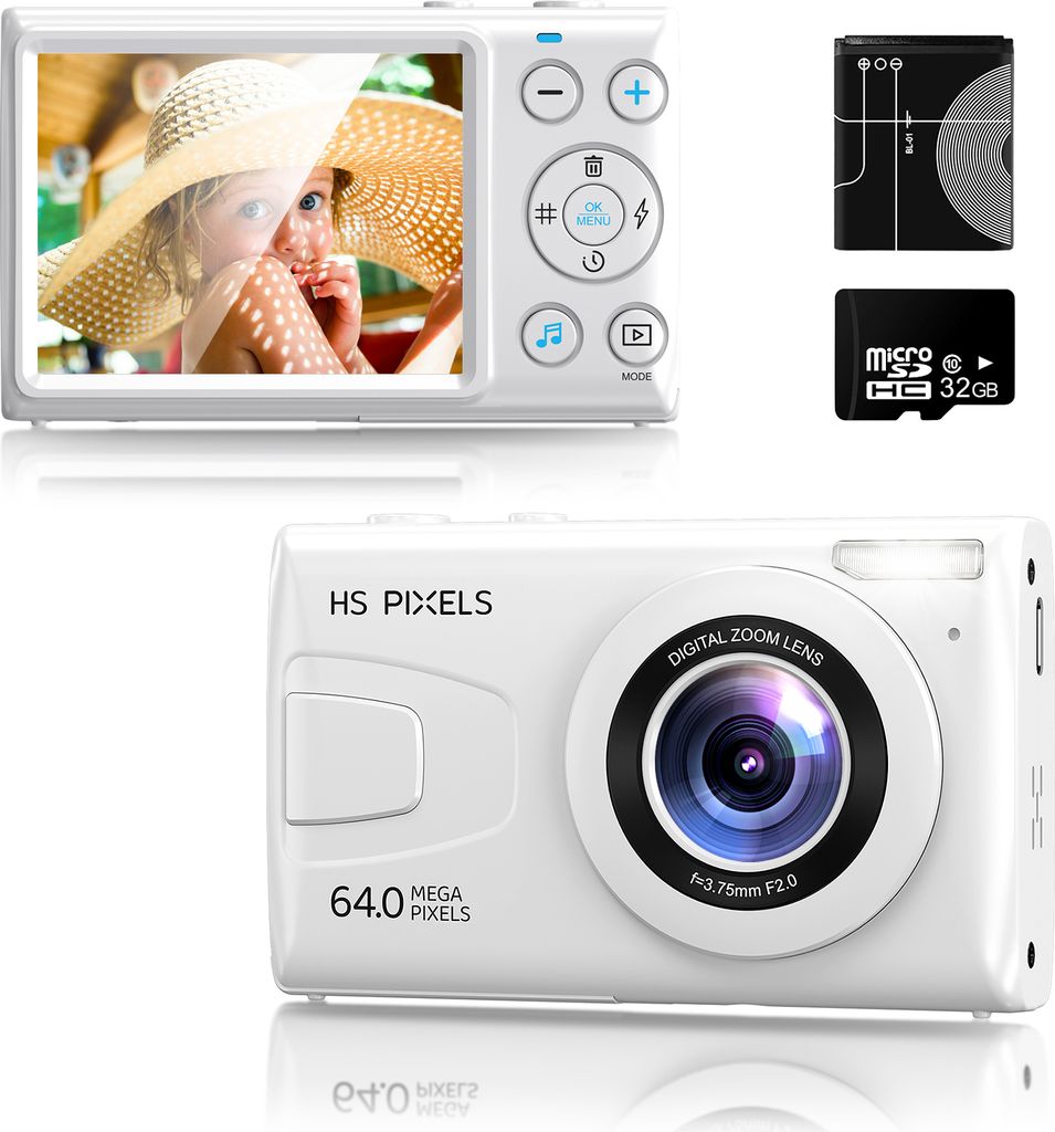 OKA Digitalkamera, Fotokamera, FHD 4K 64MP Kompaktkamera, mit 32G Karte, 18X Digitalzoom Kompaktkamera für Anfänger, Kinder, Junge Mädchen,Weiß