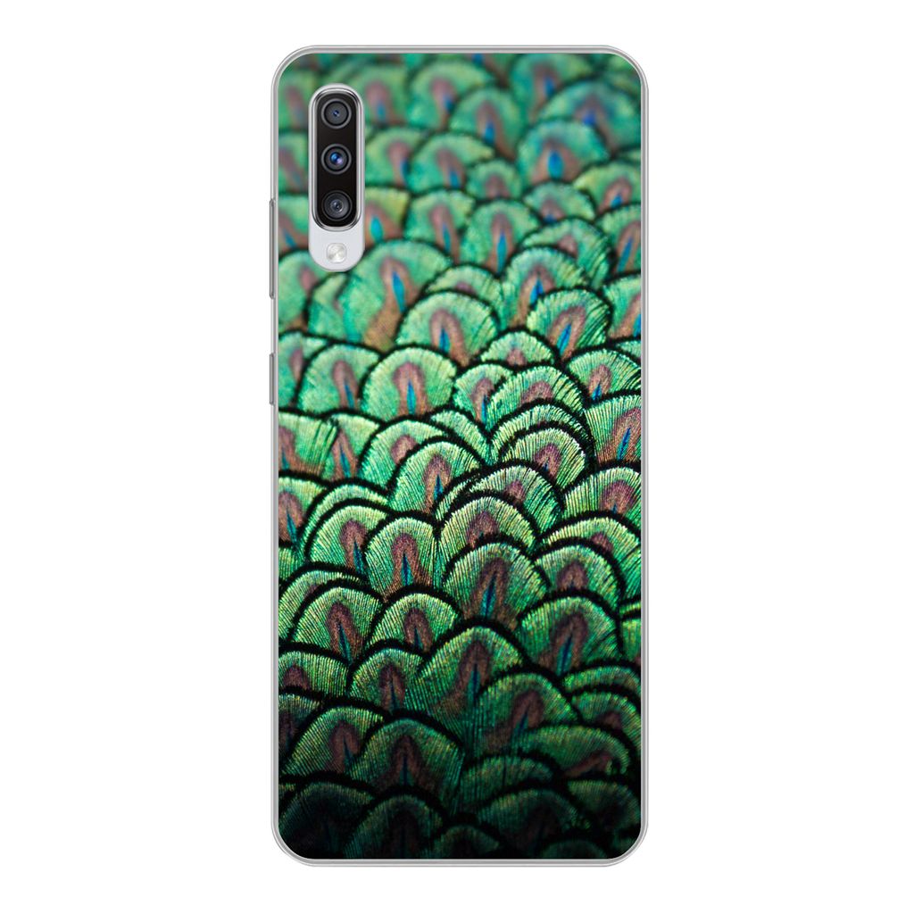 MuchoWow Handyhülle Schutzhülle Hülle für Samsung Galaxy A70 Nahaufnahme des Gefieders eines Pfaus Silikon Softcase Handy Hülle - Schutzhaube