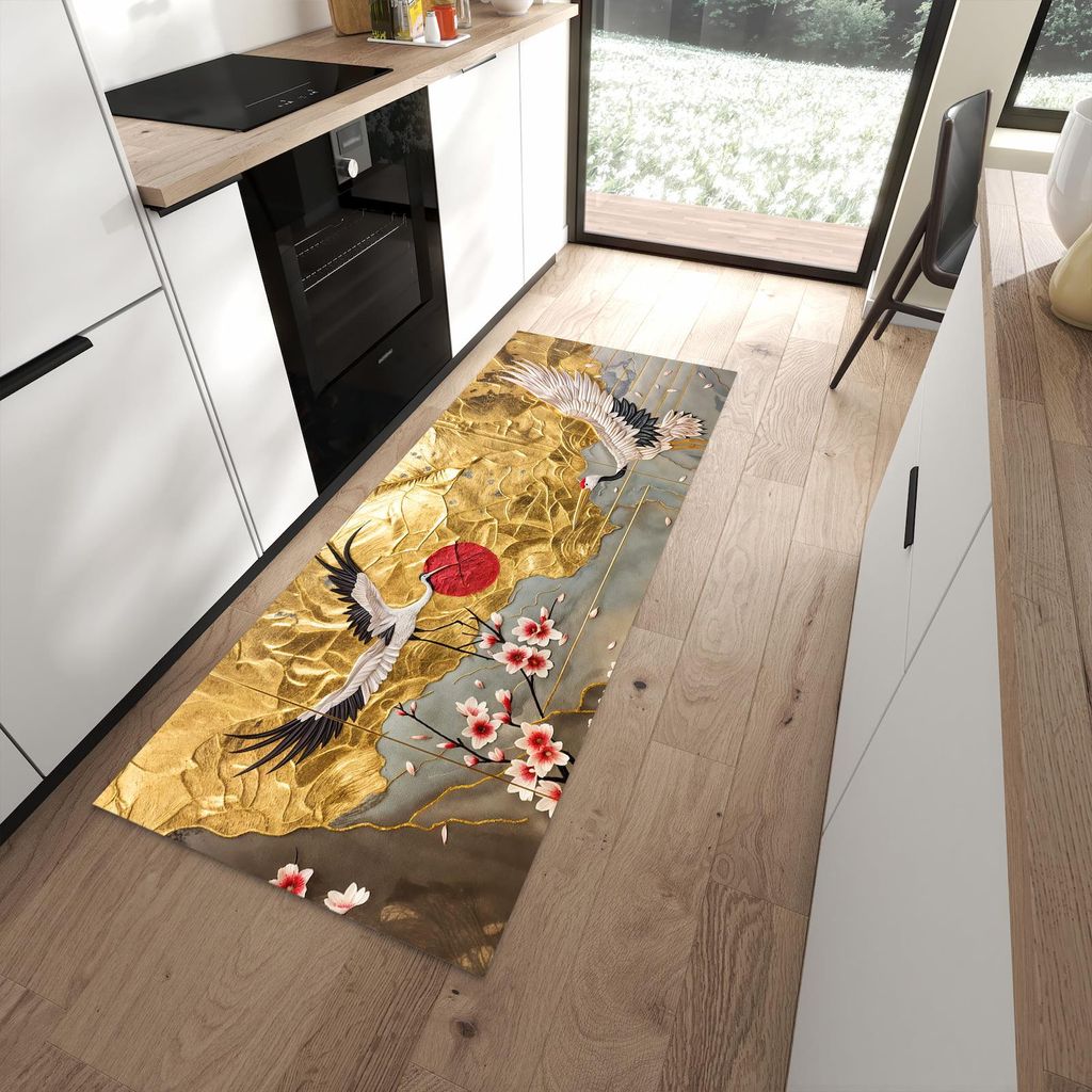 Küchenteppich 80x200cm rutschfest & abwischbar PVC Läufer - Blüten und Kraniche